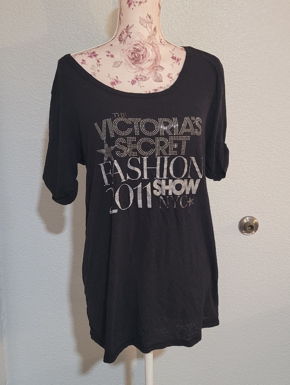 Victoria's Secret Black Short-Sleeve Graphic Tee with Metallic Print